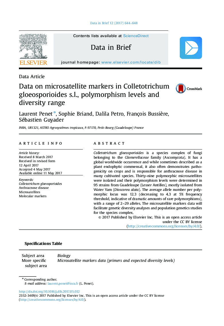 Data on microsatellite markers in Colletotrichum gloeosporioides s.l., polymorphism levels and diversity range