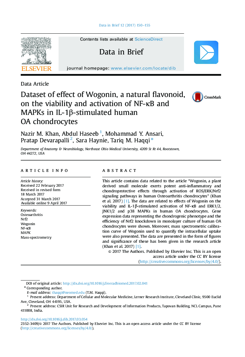 Dataset of effect of Wogonin, a natural flavonoid, on the viability and activation of NF-ÎºB and MAPKs in IL-1Î²-stimulated human OA chondrocytes