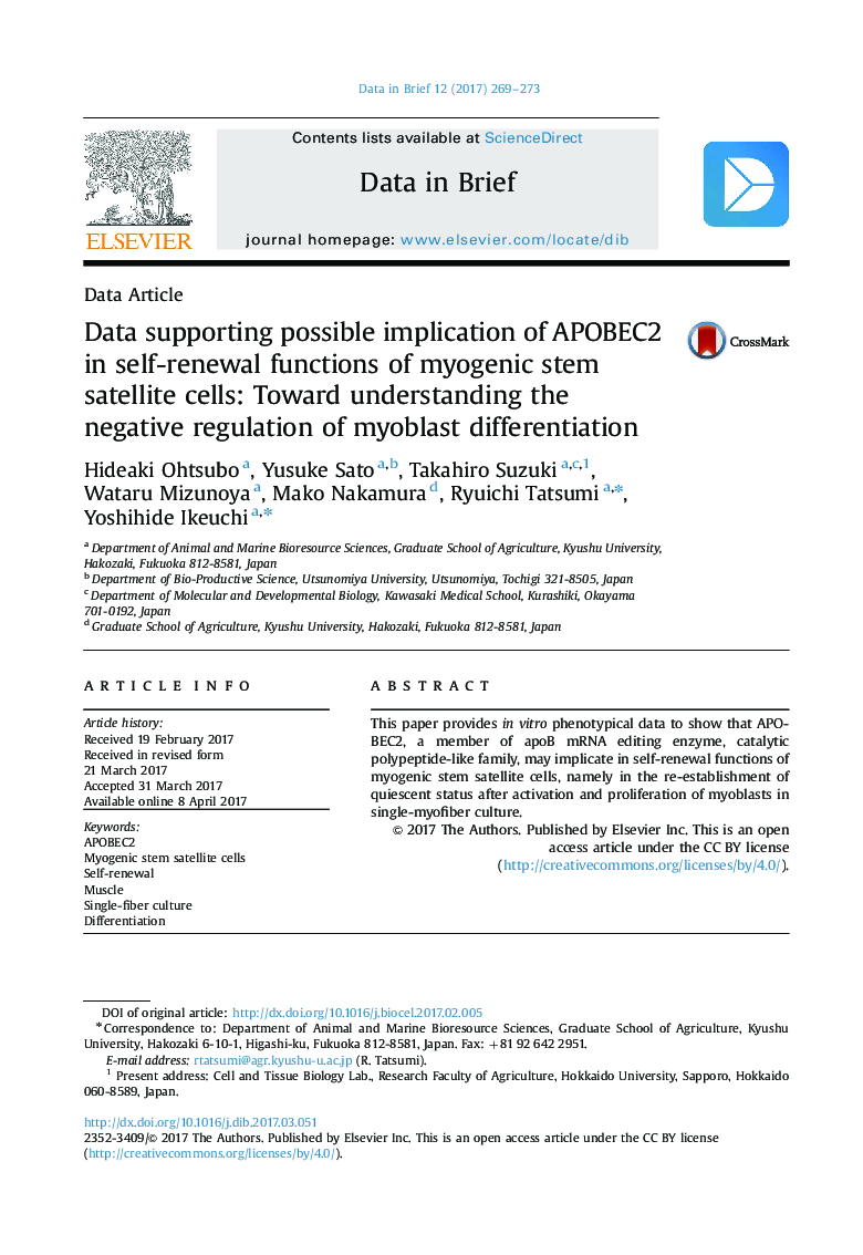 Data supporting possible implication of APOBEC2 in self-renewal functions of myogenic stem satellite cells: Toward understanding the negative regulation of myoblast differentiation