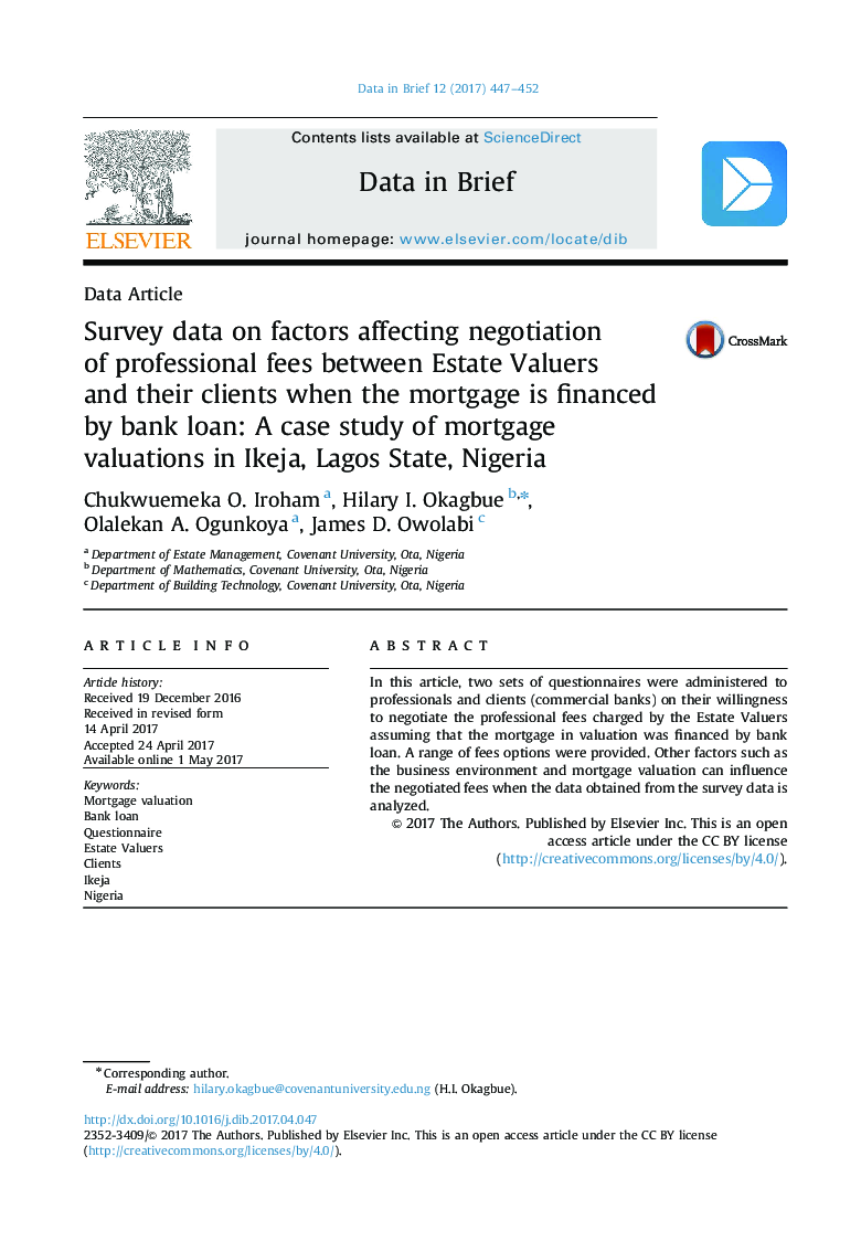 Survey data on factors affecting negotiation of professional fees between Estate Valuers and their clients when the mortgage is financed by bank loan: A case study of mortgage valuations in Ikeja, Lagos State, Nigeria