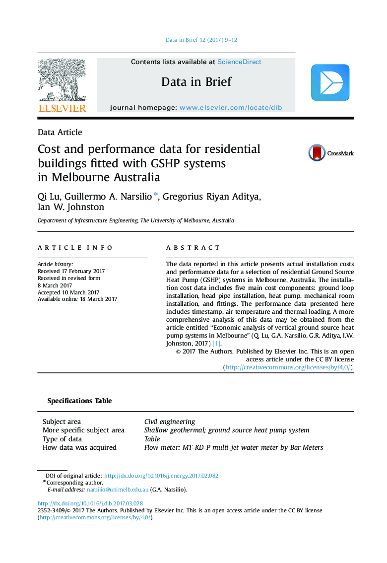 Cost and performance data for residential buildings fitted with GSHP systems in Melbourne Australia