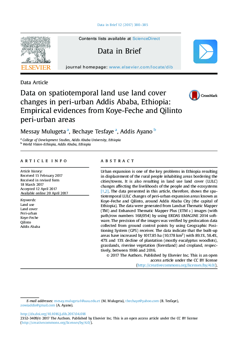 Data ArticleData on spatiotemporal land use land cover changes in peri-urban Addis Ababa, Ethiopia: Empirical evidences from Koye-Feche and Qilinto peri-urban areas