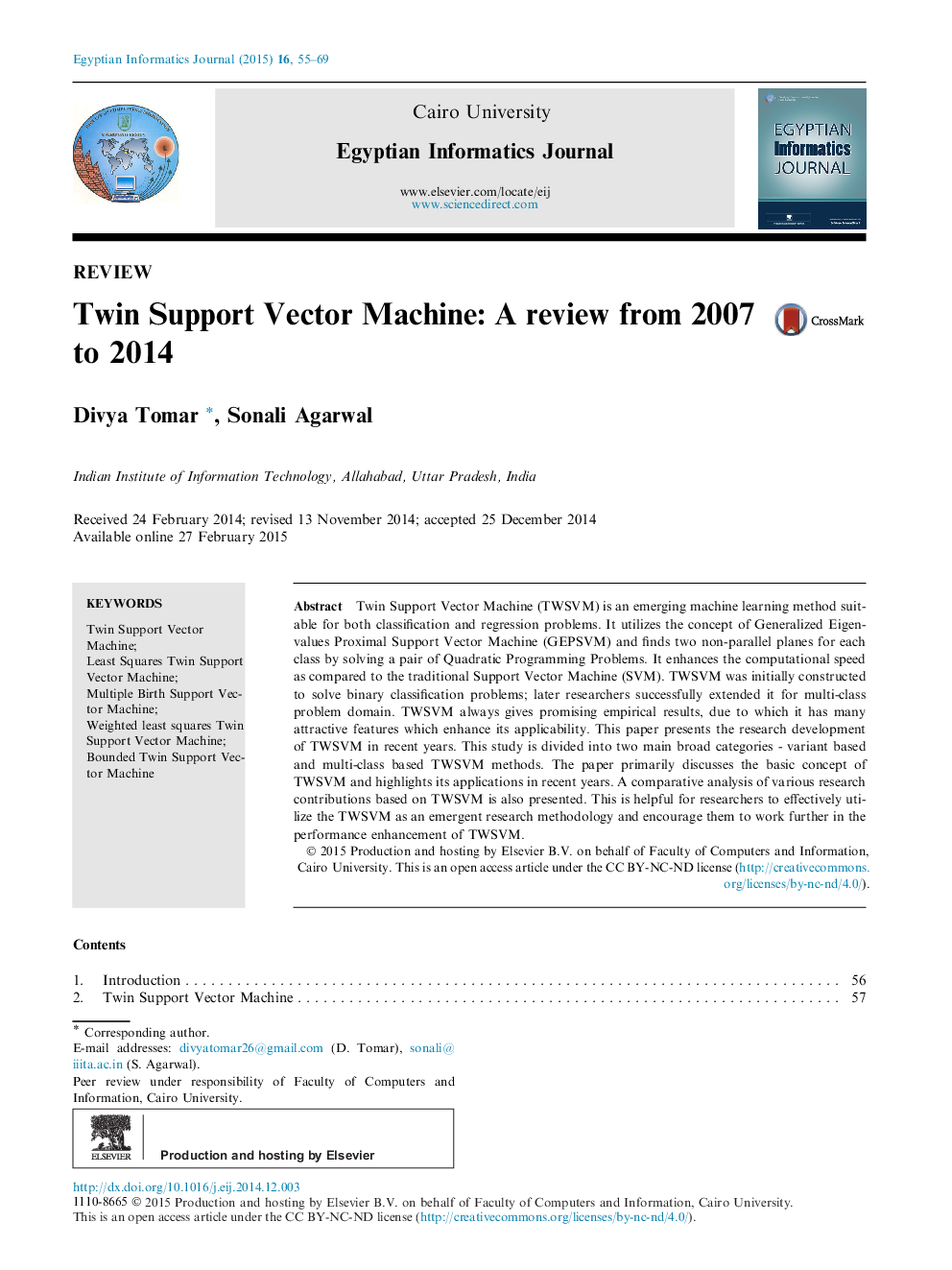 Twin Support Vector Machine: A review from 2007 to 2014 