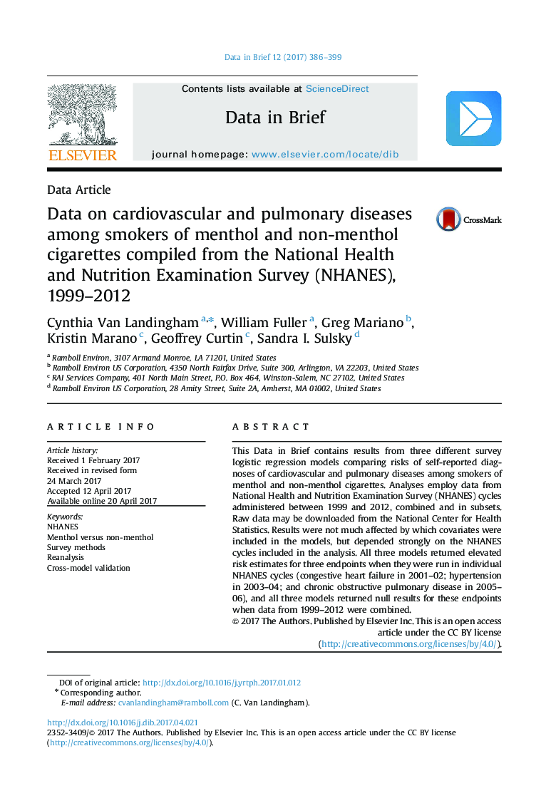 Data on cardiovascular and pulmonary diseases among smokers of menthol and non-menthol cigarettes compiled from the National Health and Nutrition Examination Survey (NHANES), 1999-2012