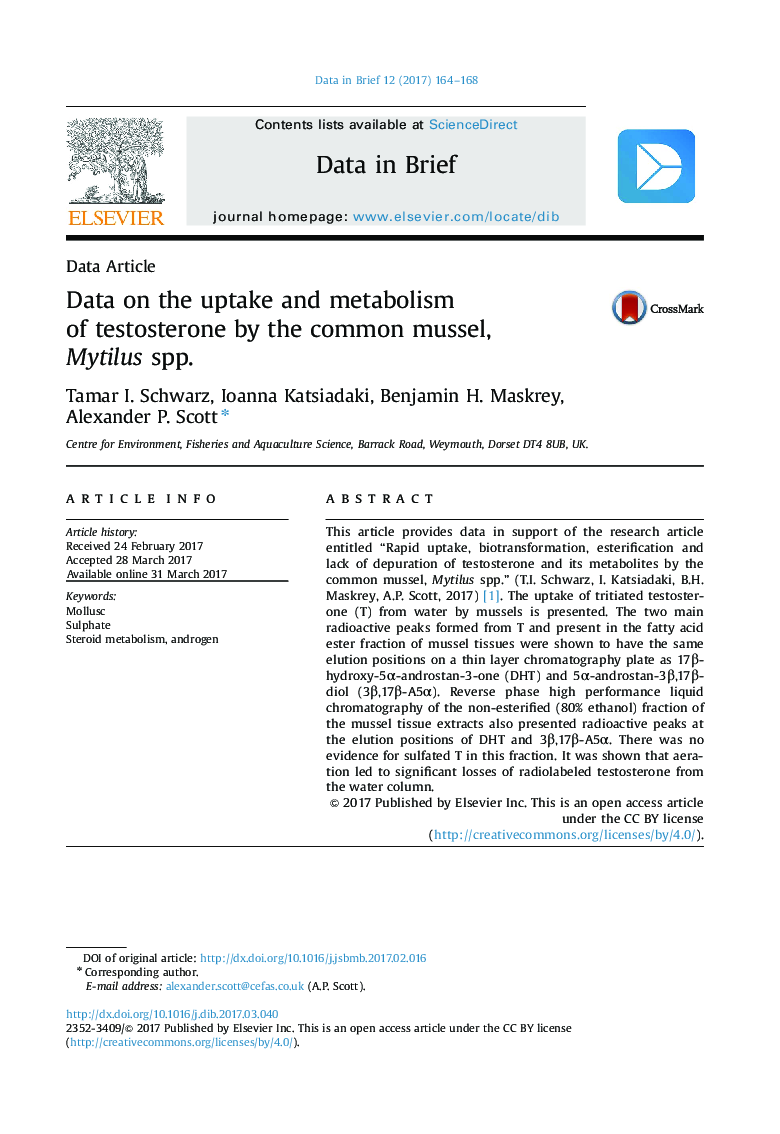 Data on the uptake and metabolism of testosterone by the common mussel, Mytilus spp.