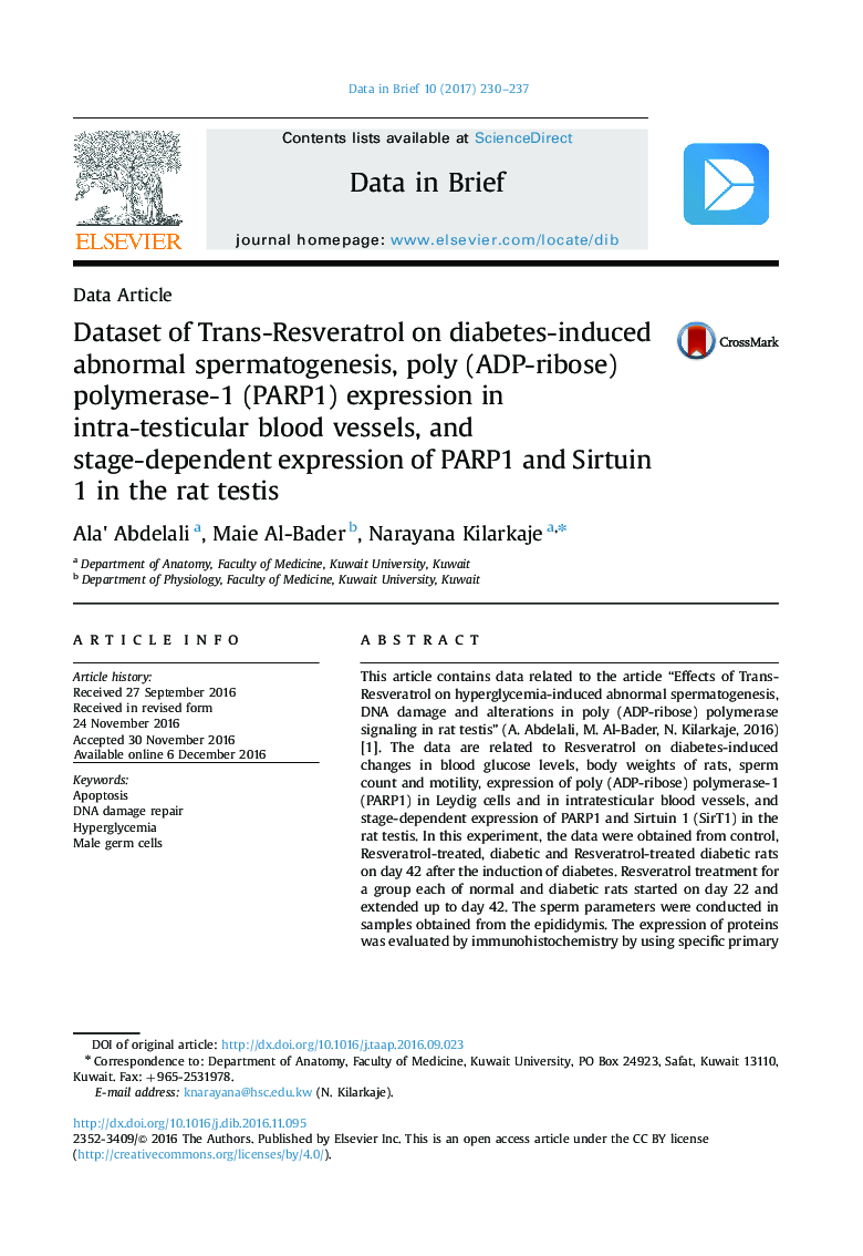 Dataset of Trans-Resveratrol on diabetes-induced abnormal spermatogenesis, poly (ADP-ribose) polymerase-1 (PARP1) expression in intra-testicular blood vessels, and stage-dependent expression of PARP1 and Sirtuin 1 in the rat testis