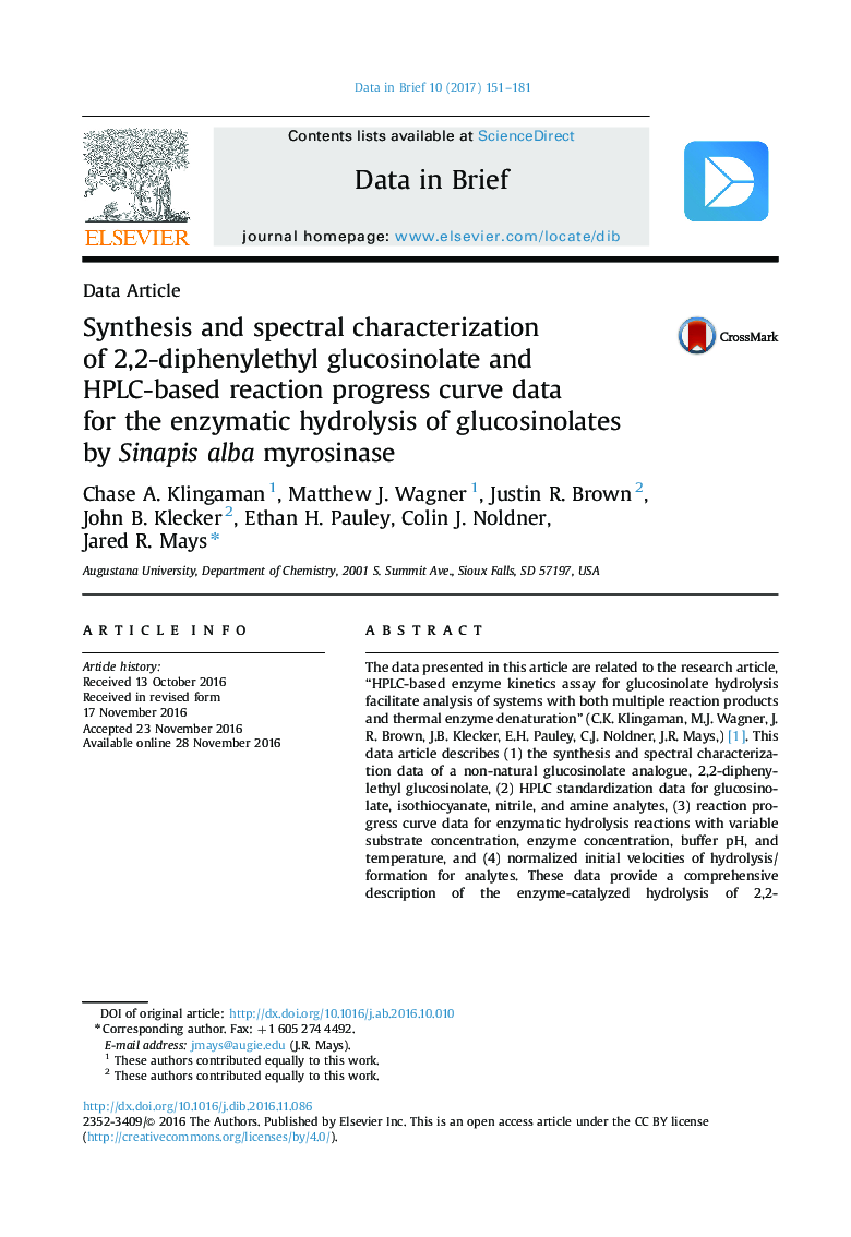 Synthesis and spectral characterization of 2,2-diphenylethyl glucosinolate and HPLC-based reaction progress curve data for the enzymatic hydrolysis of glucosinolates by Sinapis alba myrosinase
