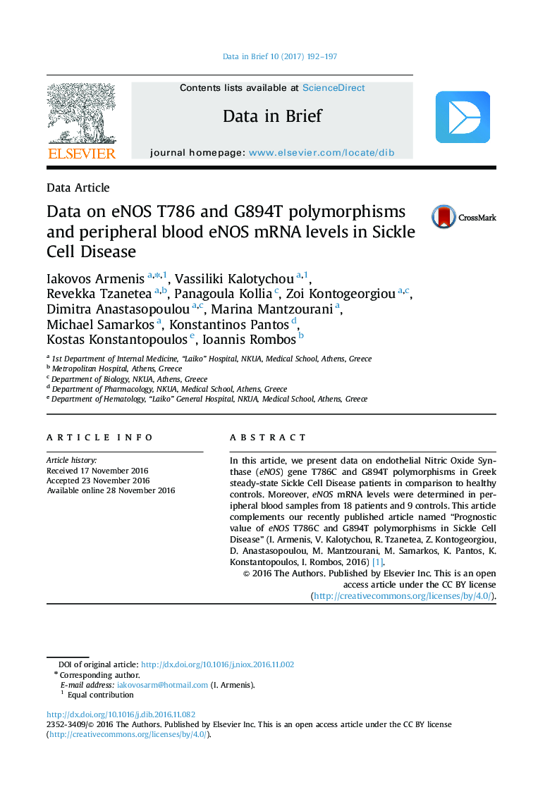 Data on eNOS T786 and G894T polymorphisms and peripheral blood eNOS mRNA levels in Sickle Cell Disease