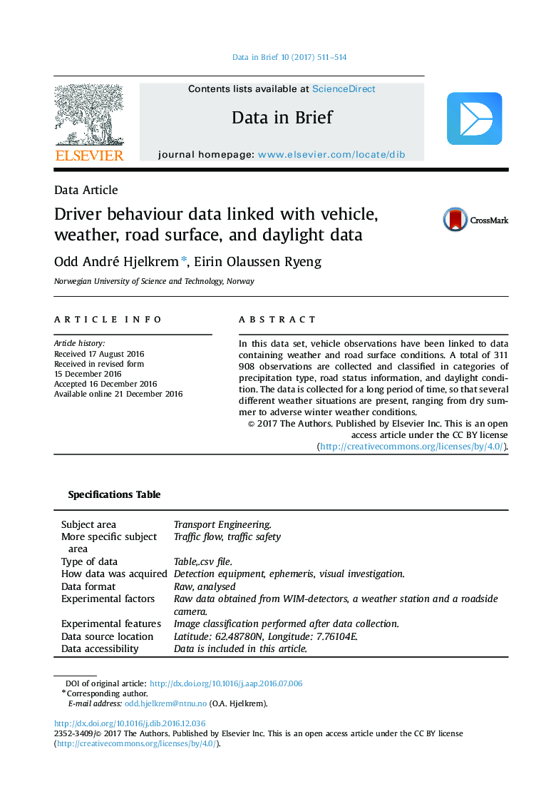 Driver behaviour data linked with vehicle, weather, road surface, and daylight data