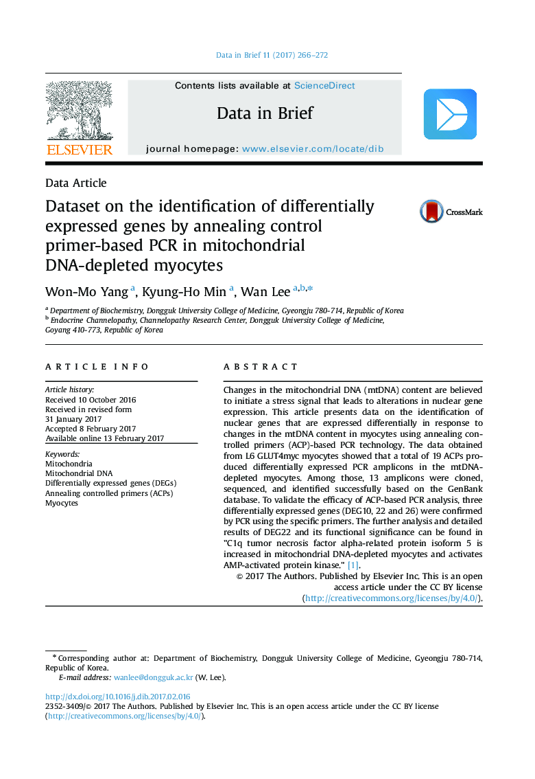 Dataset on the identification of differentially expressed genes by annealing control primer-based PCR in mitochondrial DNA-depleted myocytes