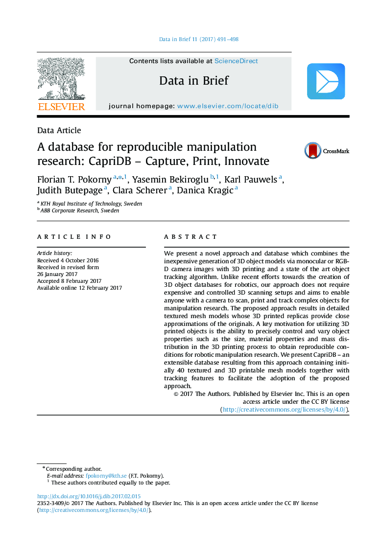 A database for reproducible manipulation research: CapriDB - Capture, Print, Innovate