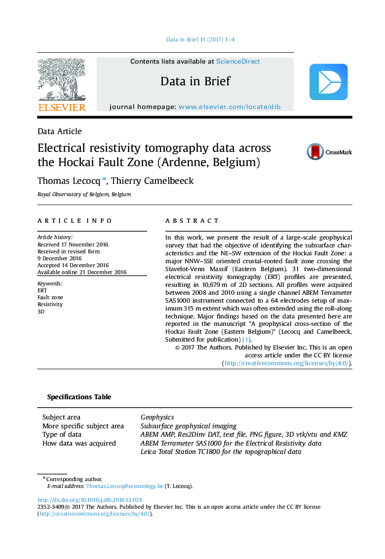 Electrical resistivity tomography data across the Hockai Fault Zone (Ardenne, Belgium)