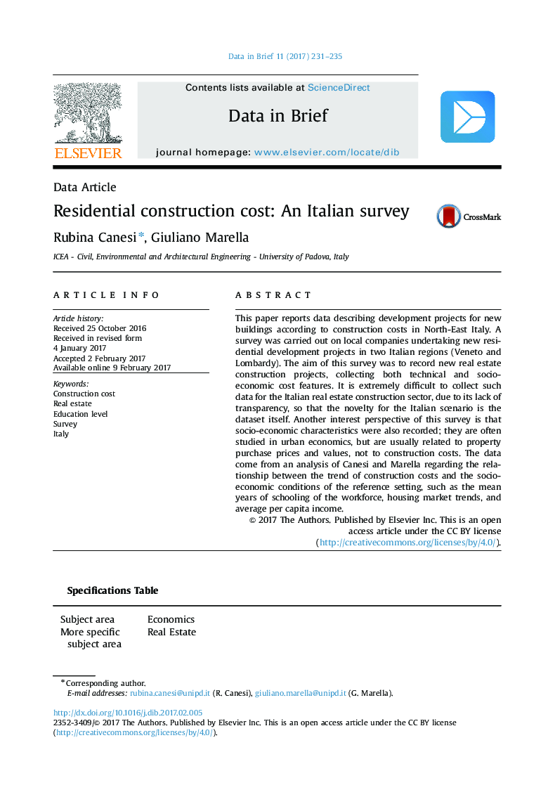 Residential construction cost: An Italian survey