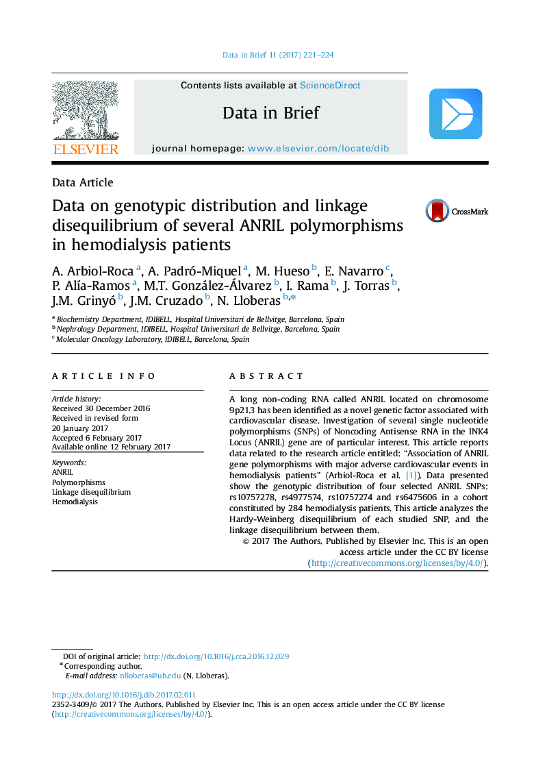 Data ArticleData on genotypic distribution and linkage disequilibrium of several ANRIL polymorphisms in hemodialysis patients