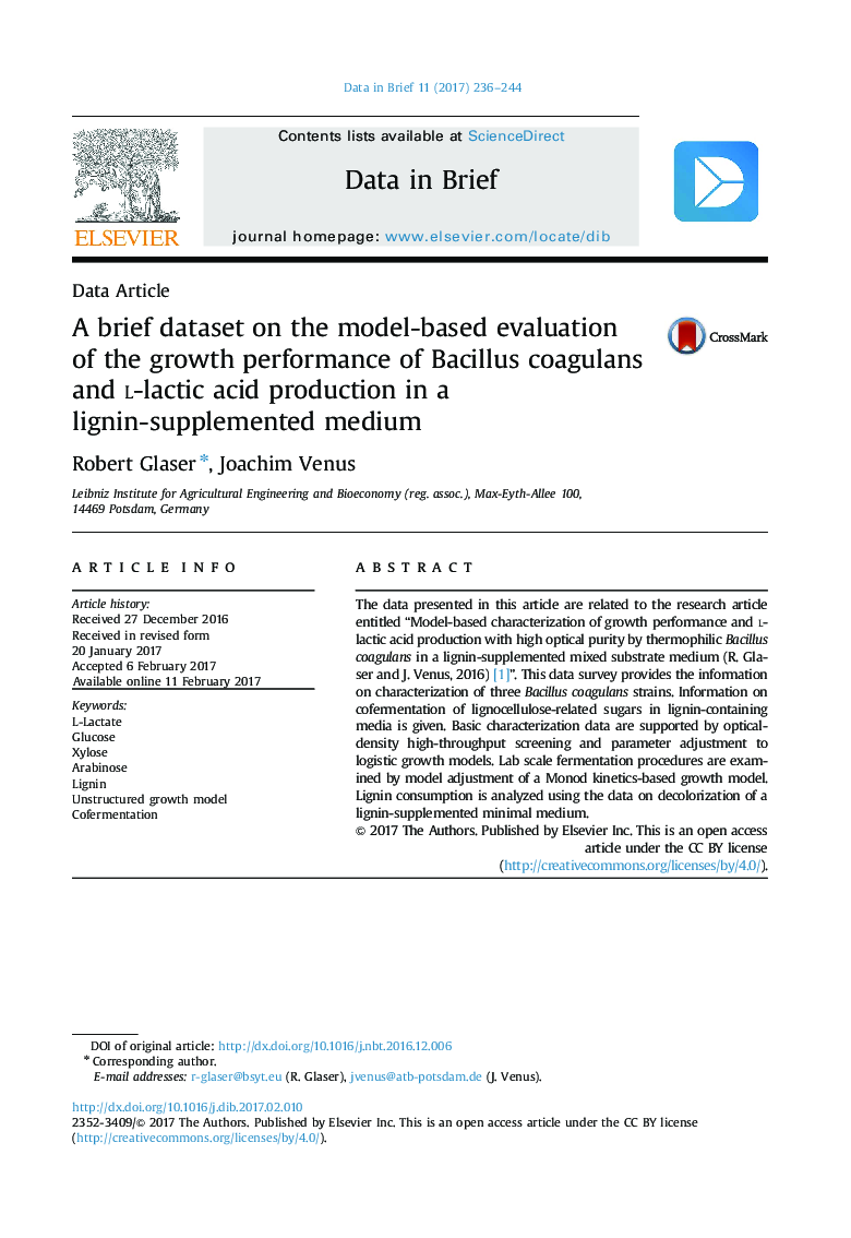 A brief dataset on the model-based evaluation of the growth performance of Bacillus coagulans and l-lactic acid production in a lignin-supplemented medium