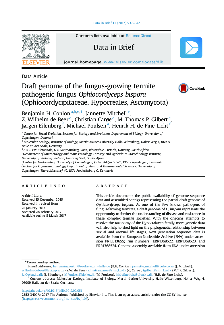 Draft genome of the fungus-growing termite pathogenic fungus Ophiocordyceps bispora (Ophiocordycipitaceae, Hypocreales, Ascomycota)