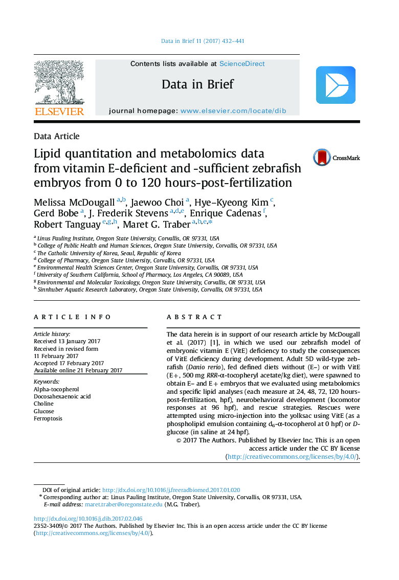 Lipid quantitation and metabolomics data from vitamin E-deficient and -sufficient zebrafish embryos from 0 to 120 hours-post-fertilization