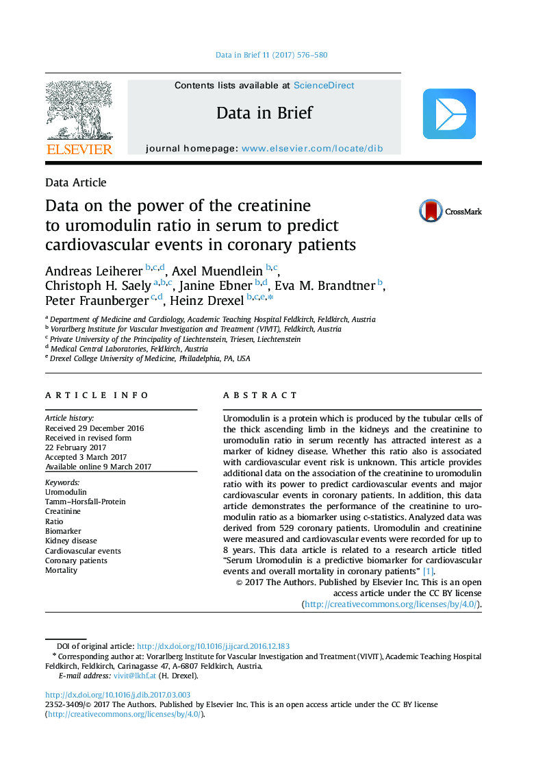 Data on the power of the creatinine to uromodulin ratio in serum to predict cardiovascular events in coronary patients