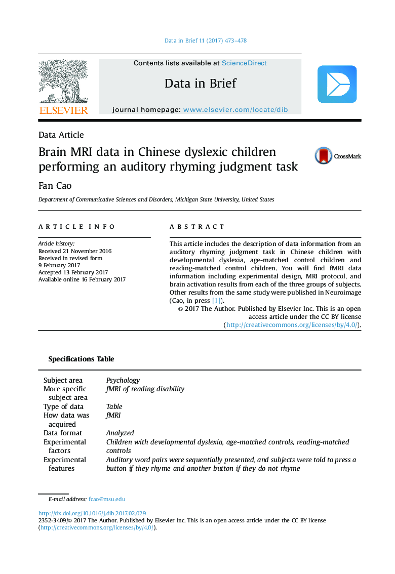Brain MRI data in Chinese dyslexic children performing an auditory rhyming judgment task