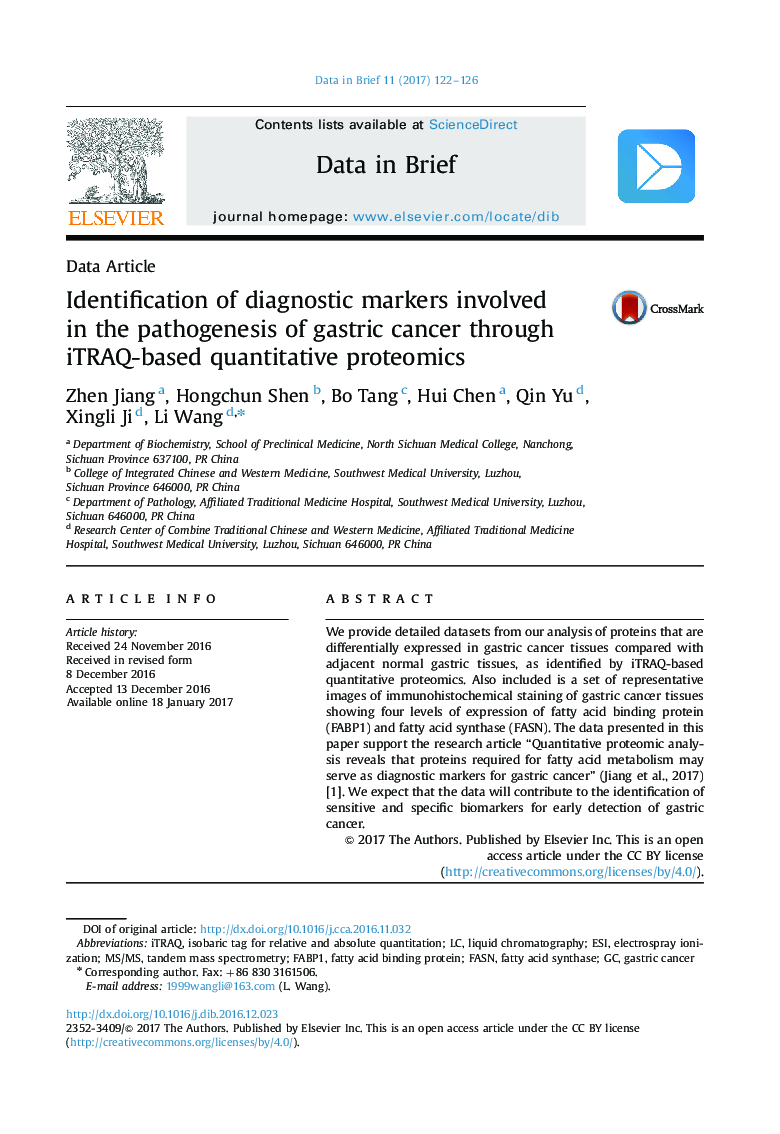 Identification of diagnostic markers involved in the pathogenesis of gastric cancer through iTRAQ-based quantitative proteomics