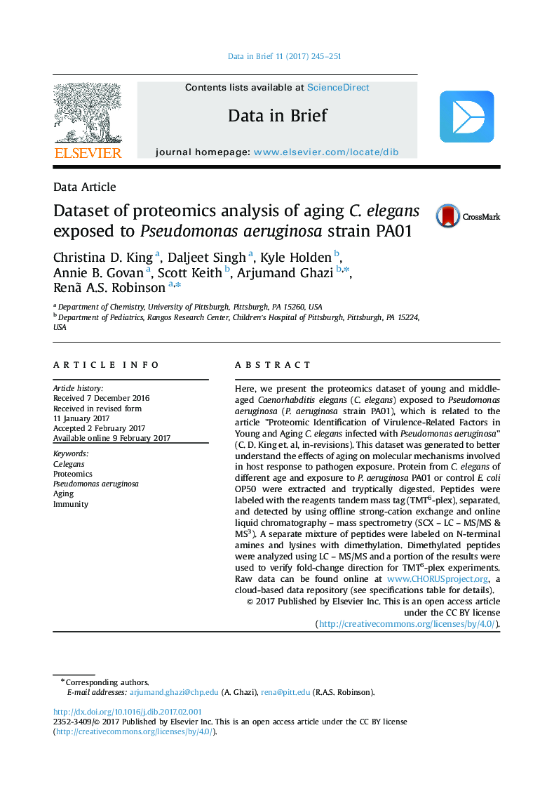 Data ArticleDataset of proteomics analysis of aging C. elegans exposed to Pseudomonas aeruginosa strain PA01