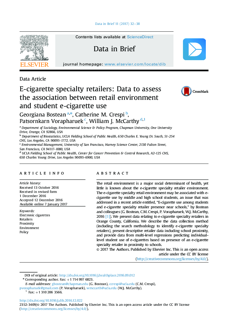 E-cigarette specialty retailers: Data to assess the association between retail environment and student e-cigarette use