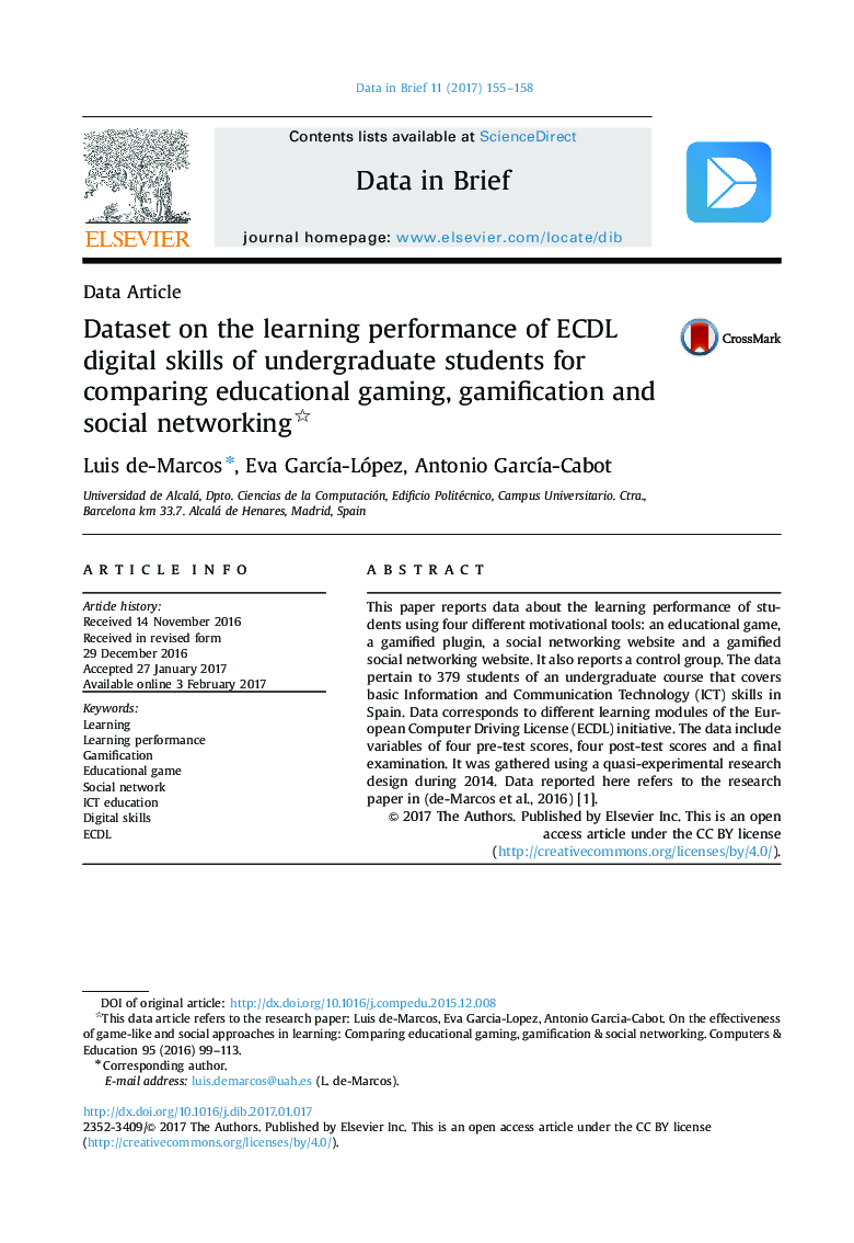 Dataset on the learning performance of ECDL digital skills of undergraduate students for comparing educational gaming, gamification and social networking