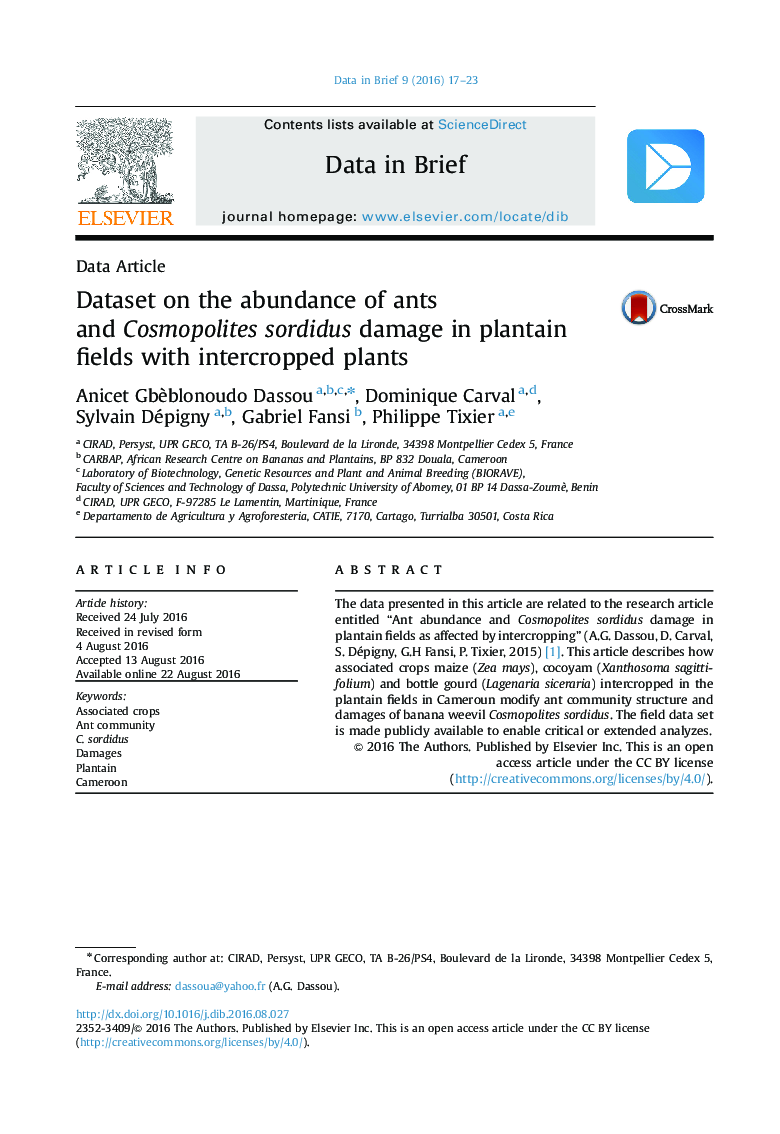 Dataset on the abundance of ants and Cosmopolites sordidus damage in plantain fields with intercropped plants