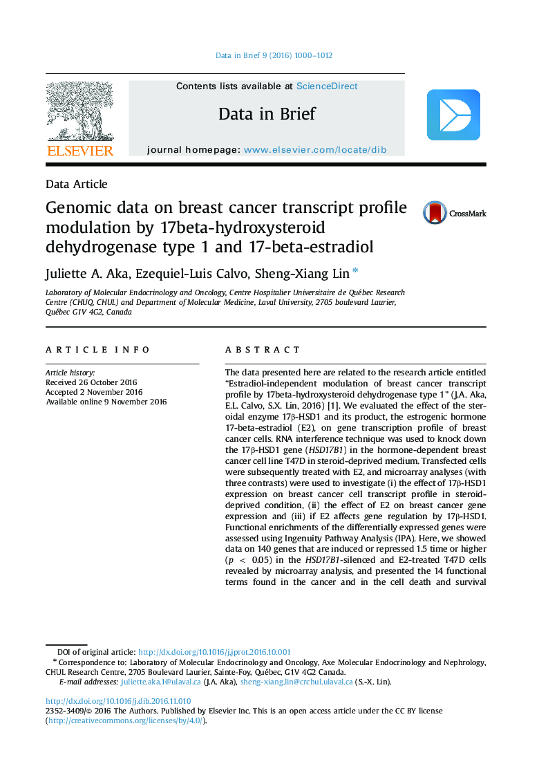 Genomic data on breast cancer transcript profile modulation by 17beta-hydroxysteroid dehydrogenase type 1 and 17-beta-estradiol