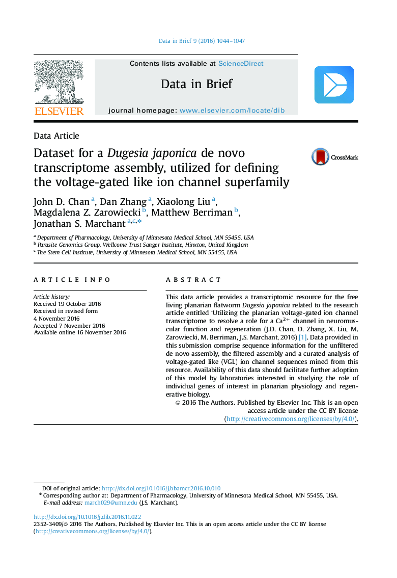 Dataset for a Dugesia japonica de novo transcriptome assembly, utilized for defining the voltage-gated like ion channel superfamily