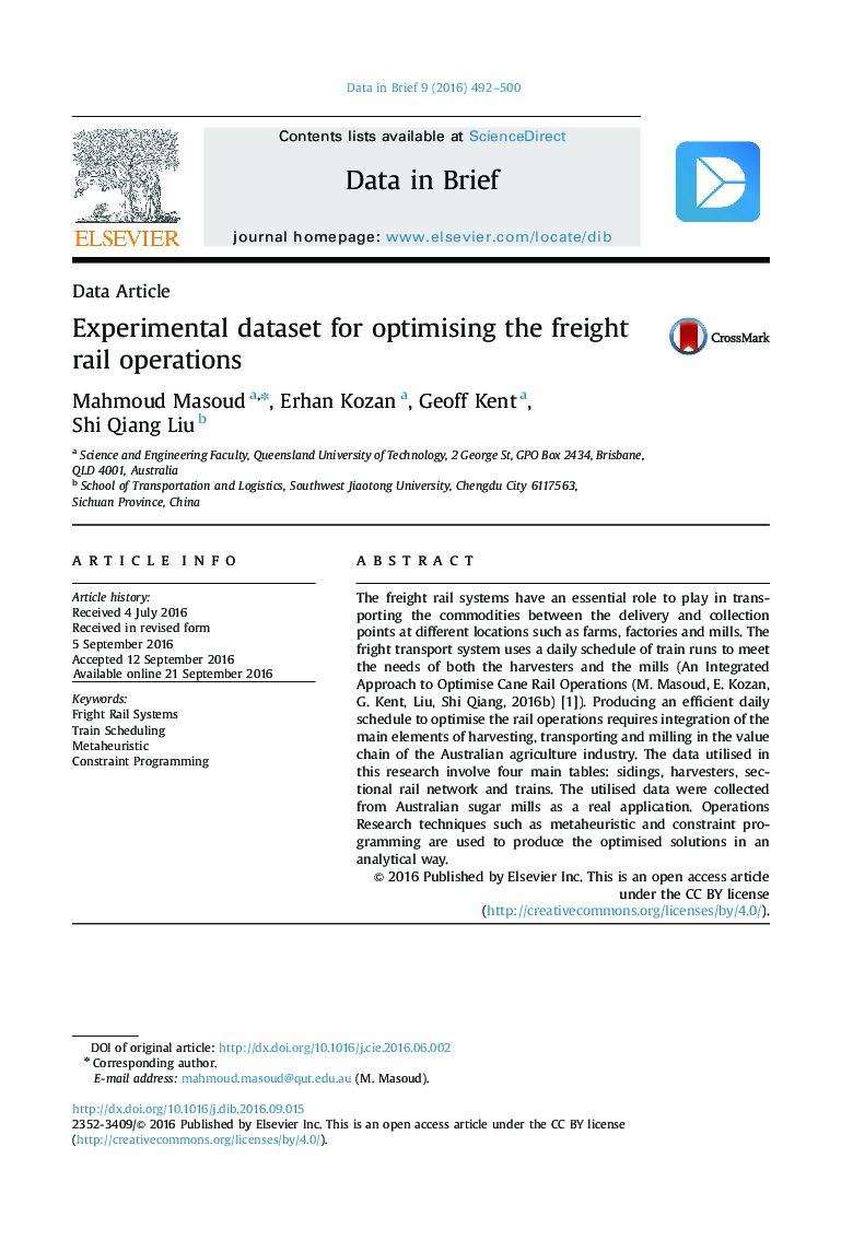 Data ArticleExperimental dataset for optimising the freight rail operations