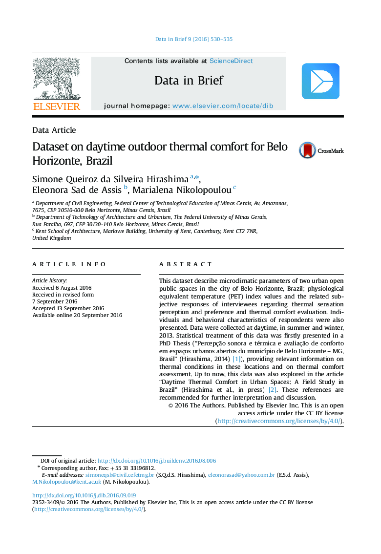 Dataset on daytime outdoor thermal comfort for Belo Horizonte, Brazil