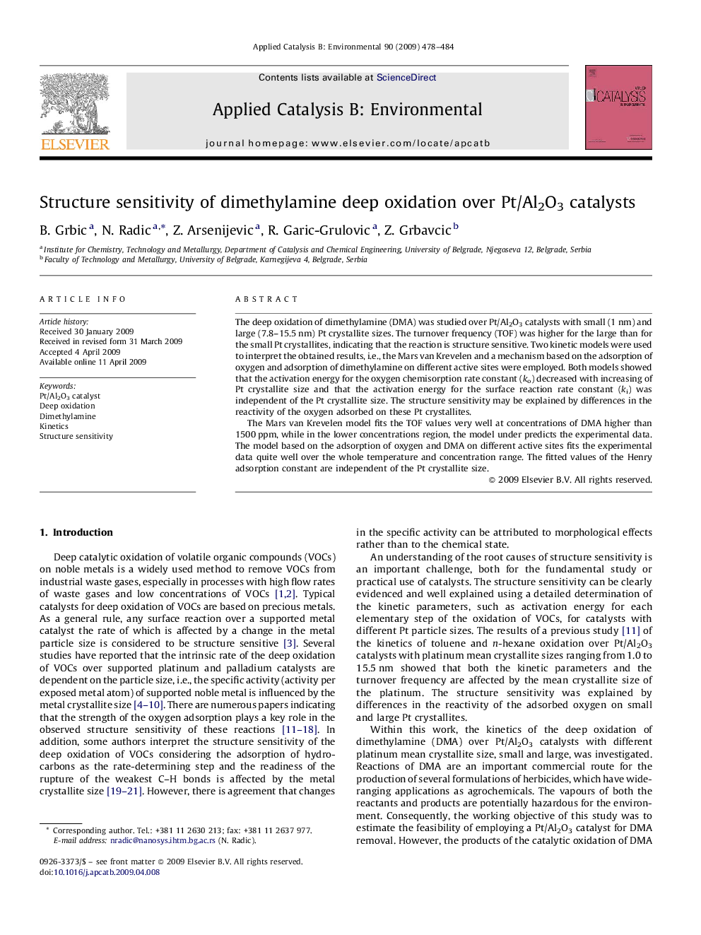 Structure sensitivity of dimethylamine deep oxidation over Pt/Al2O3 catalysts