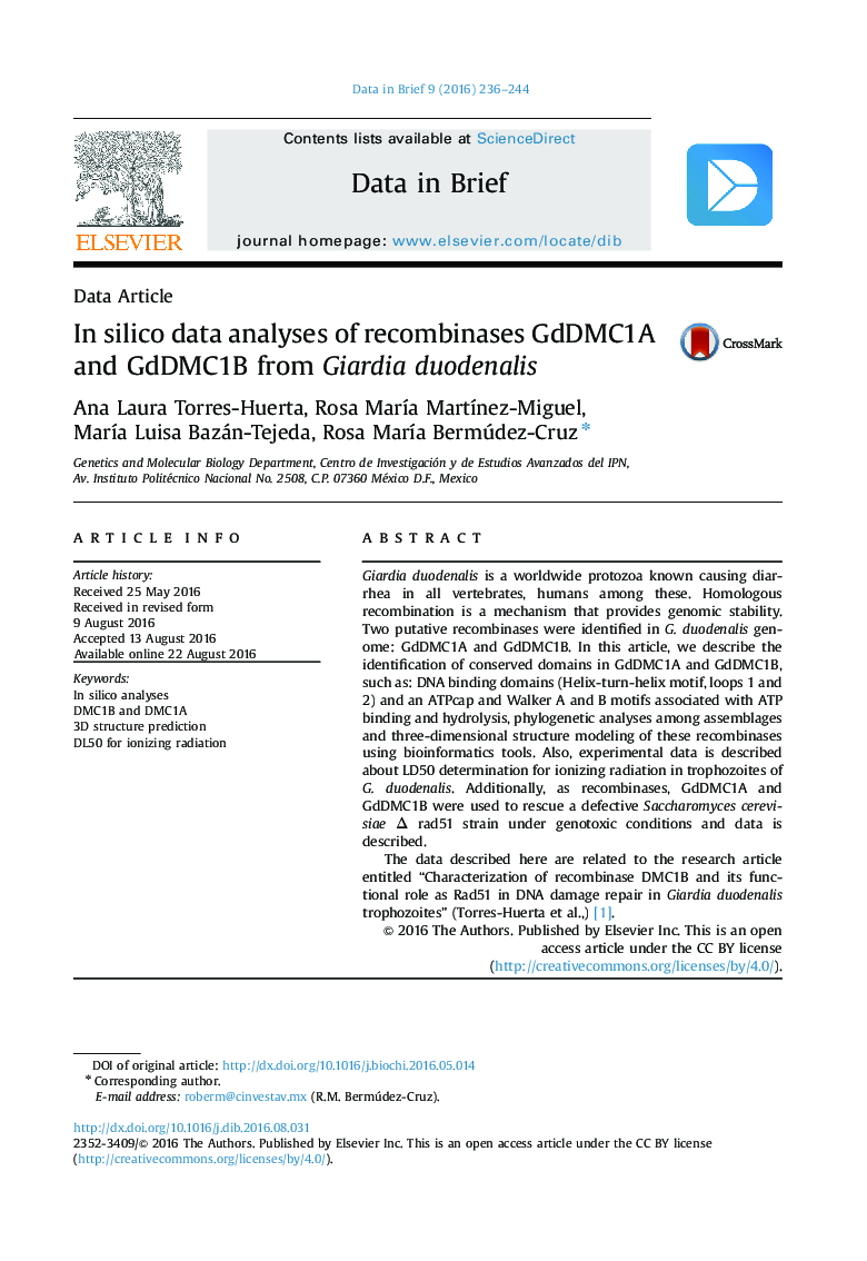 In silico data analyses of recombinases GdDMC1A and GdDMC1B from Giardia duodenalis