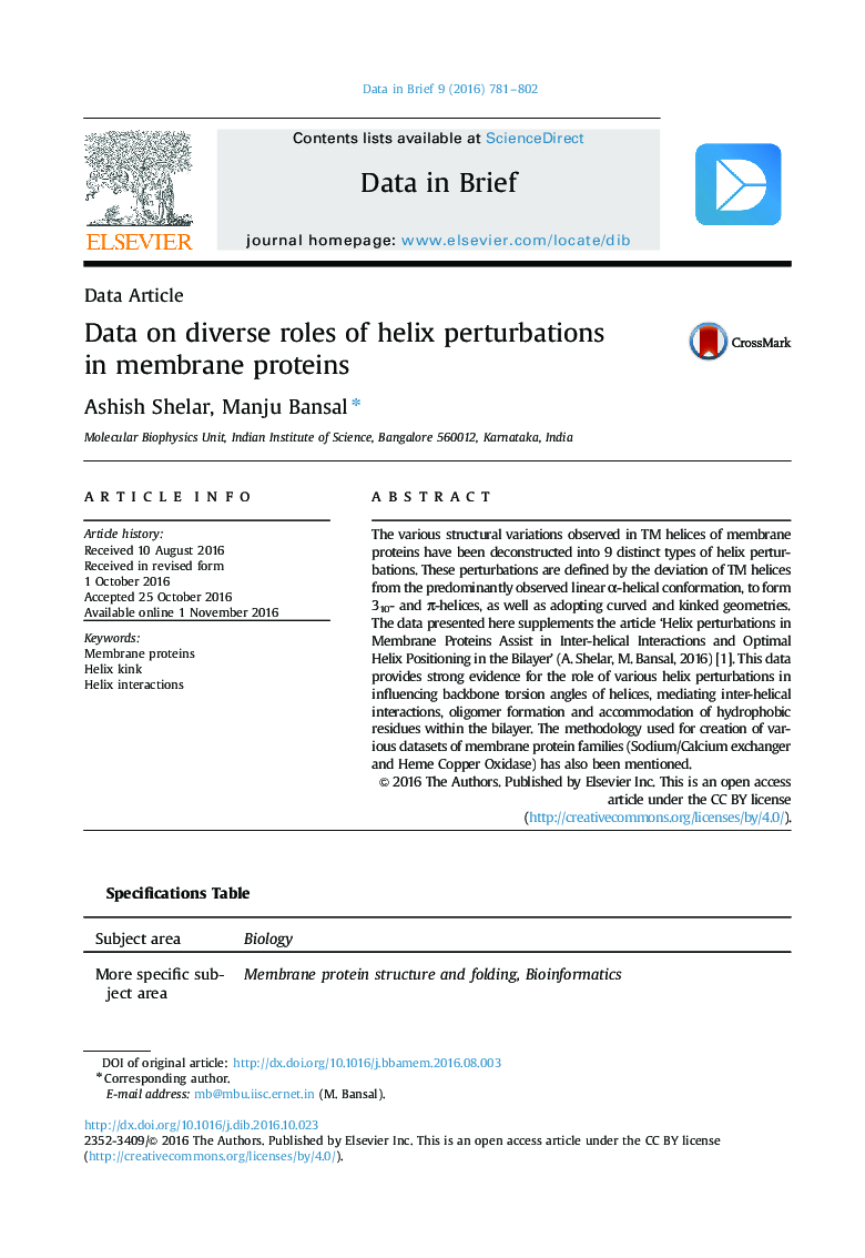 Data on diverse roles of helix perturbations in membrane proteins