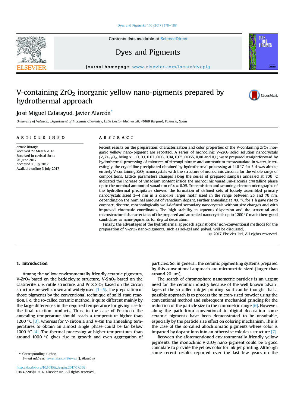 V-containing ZrO2 inorganic yellow nano-pigments prepared by hydrothermal approach