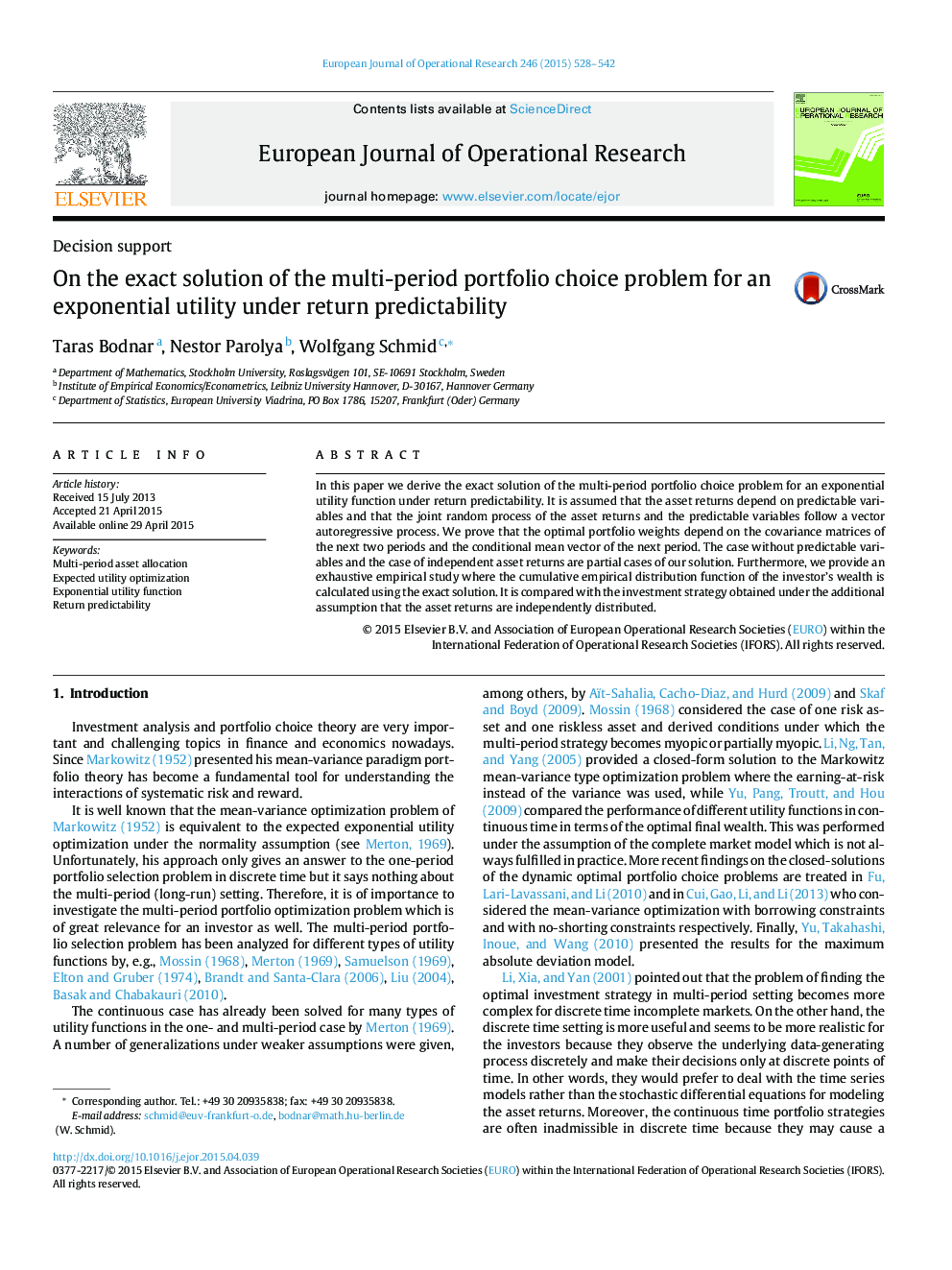 On the exact solution of the multi-period portfolio choice problem for an exponential utility under return predictability