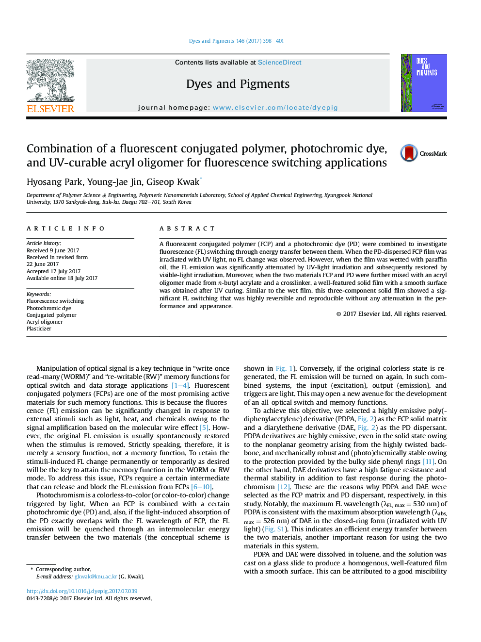 Combination of a fluorescent conjugated polymer, photochromic dye, and UV-curable acryl oligomer for fluorescence switching applications