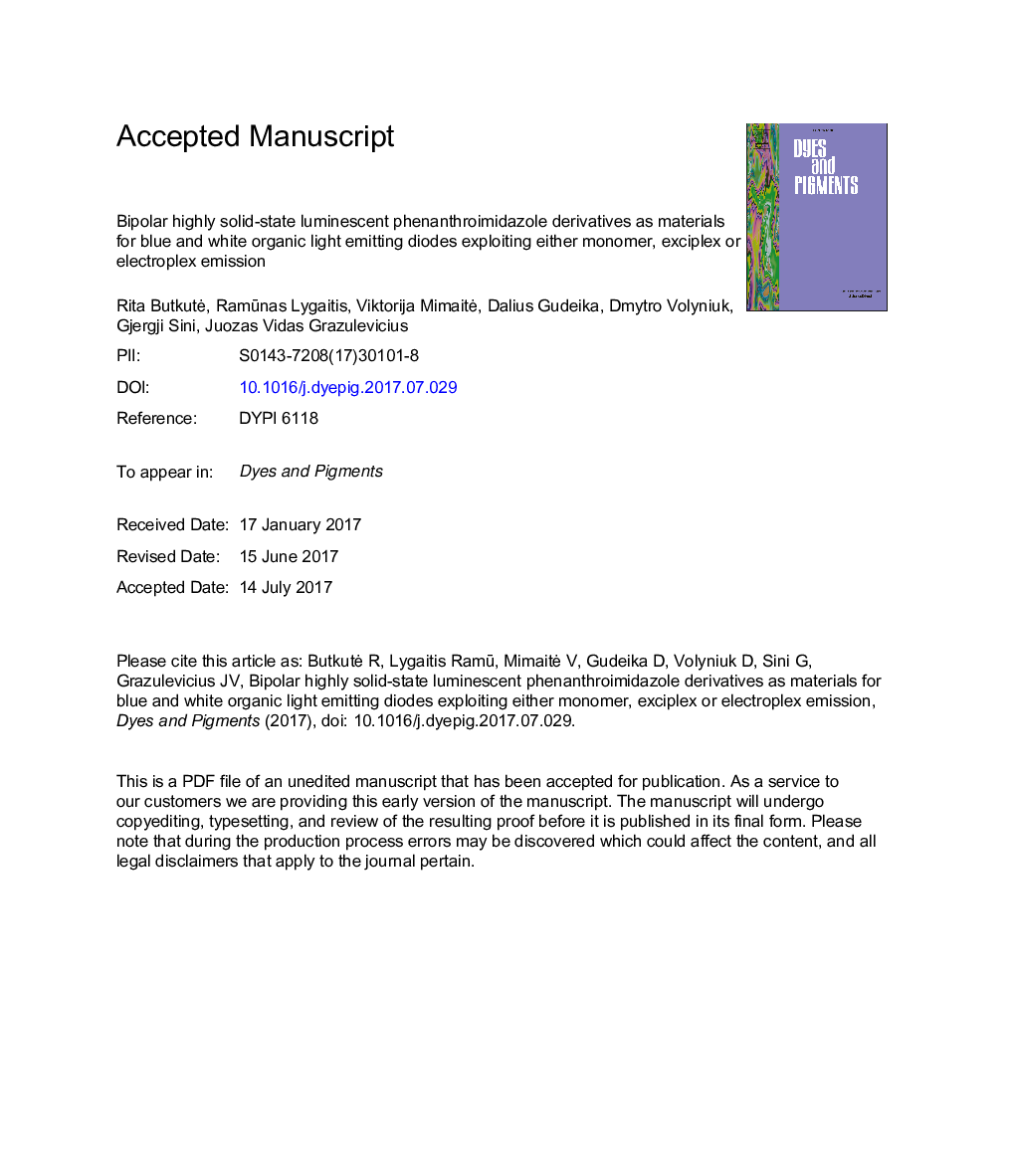مونیتورهای فلانانترویمیدازول فلورسنت حالت جامد دوقطبی به عنوان مواد برای دیود های آبی رنگ سفید آبی و سفید با بهره گیری از انتشار مونومر، اکسیپلکس و الکترو پیکس 
