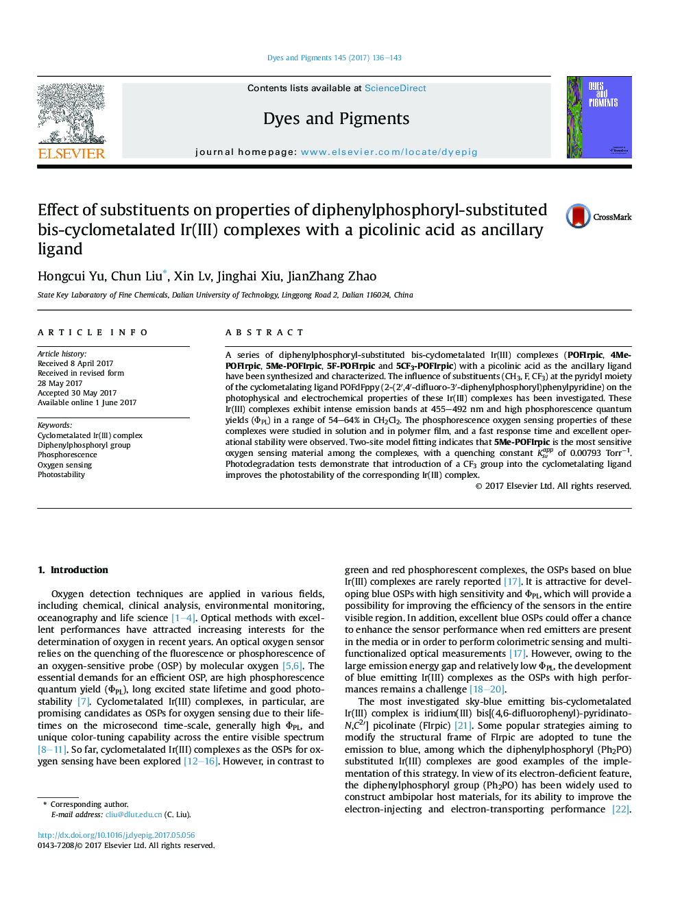 Effect of substituents on properties of diphenylphosphoryl-substituted bis-cyclometalated Ir(III) complexes with a picolinic acid as ancillary ligand