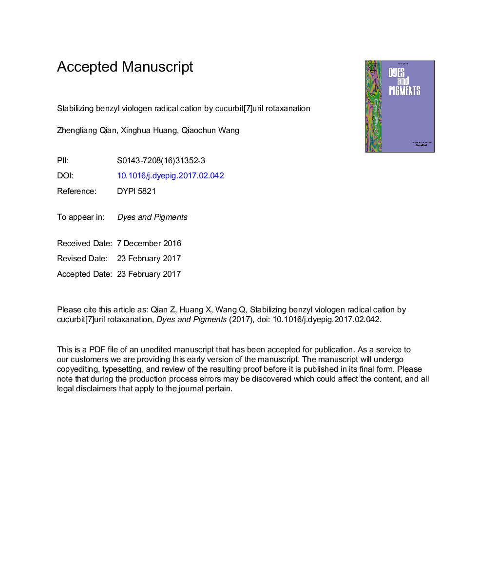 Stabilizing benzyl viologen radical cation by cucurbit[7]uril rotaxanation