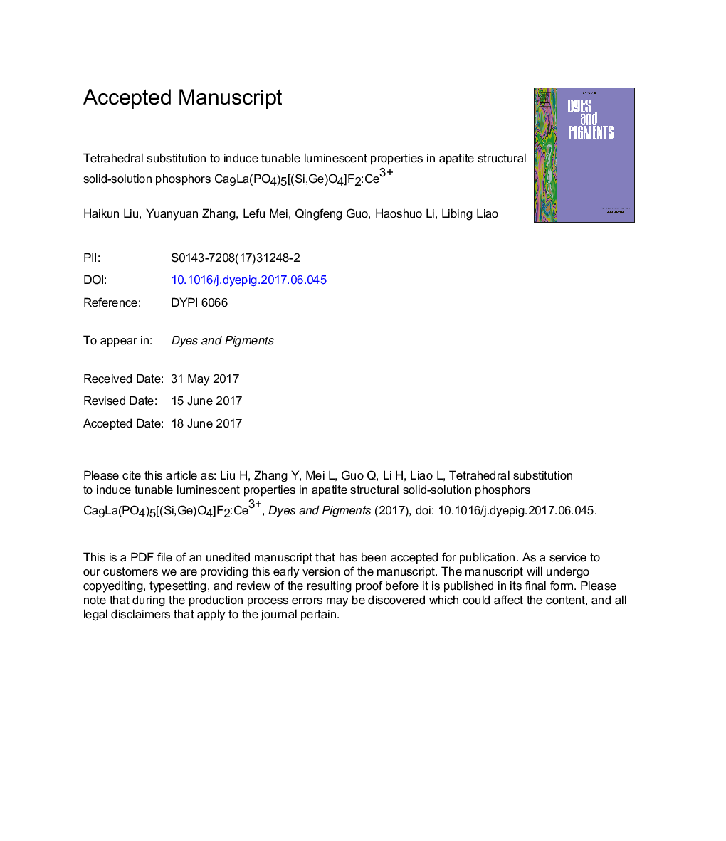 Tetrahedral substitution to induce tunable luminescent properties in apatite structural solid-solution phosphors Ca9La(PO4)5[(Si,Ge)O4]F2:Ce3+