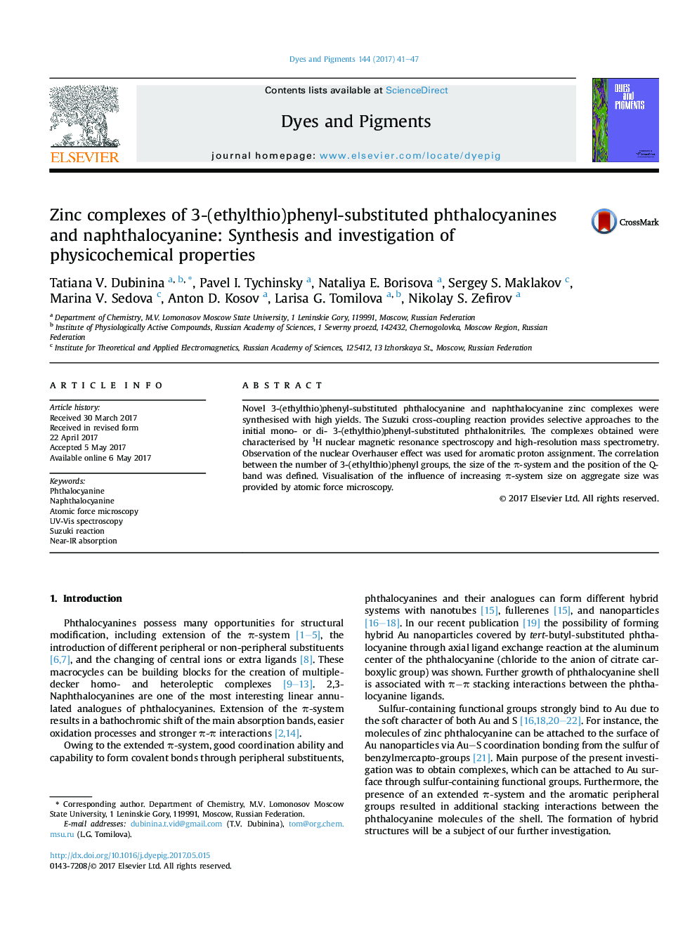 عکس صفحه اول مقاله: Zinc complexes of 3-(ethylthio)phenyl-substituted phthalocyanines and naphthalocyanine: Synthesis and investigation of physicochemical properties Zinc complexes of 3-(ethylthio)phenyl-substituted phthalocyanines and naphthalocyanine: Synthesis and investigation of physicochemical properties