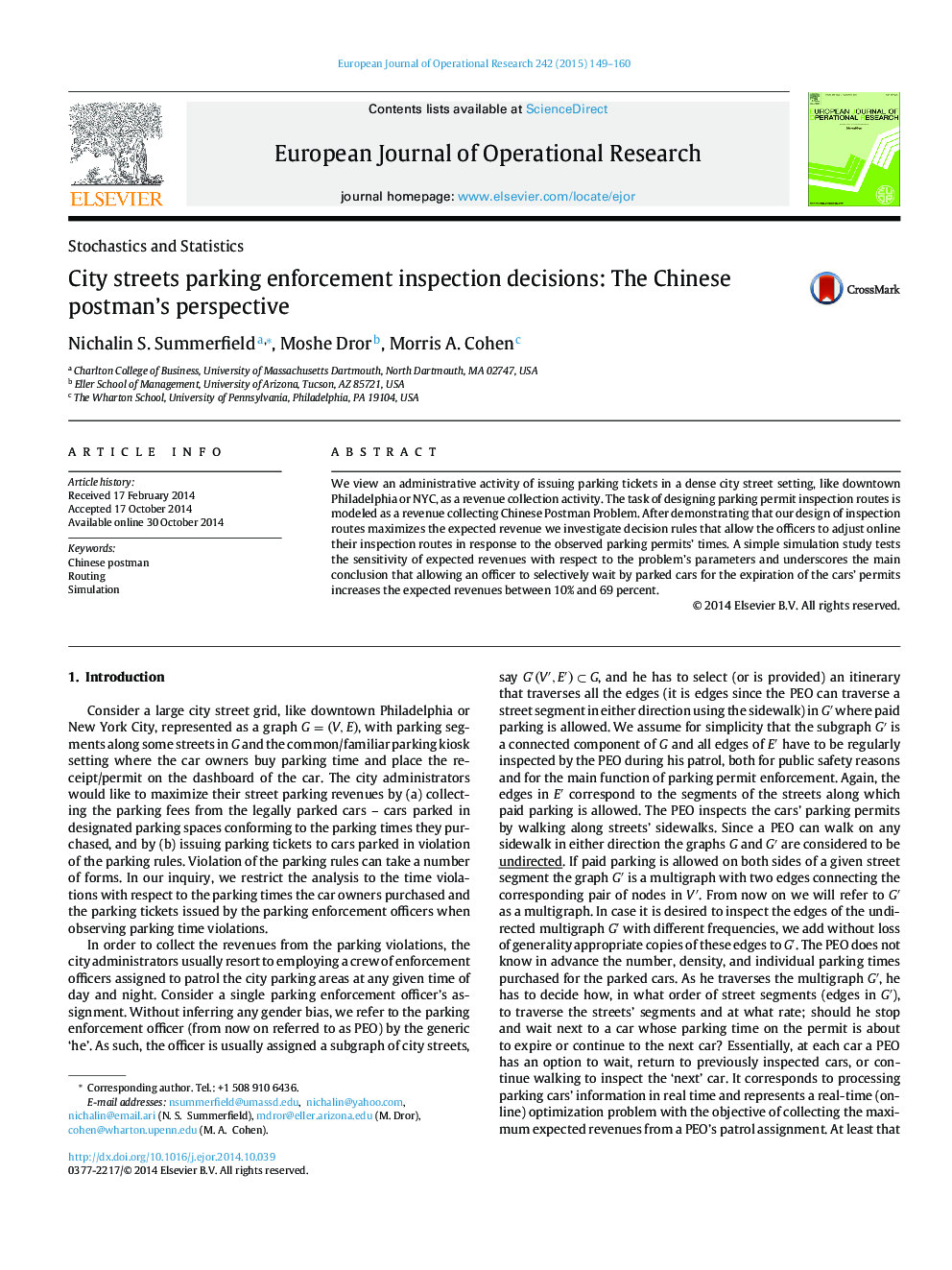 City streets parking enforcement inspection decisions: The Chinese postman’s perspective