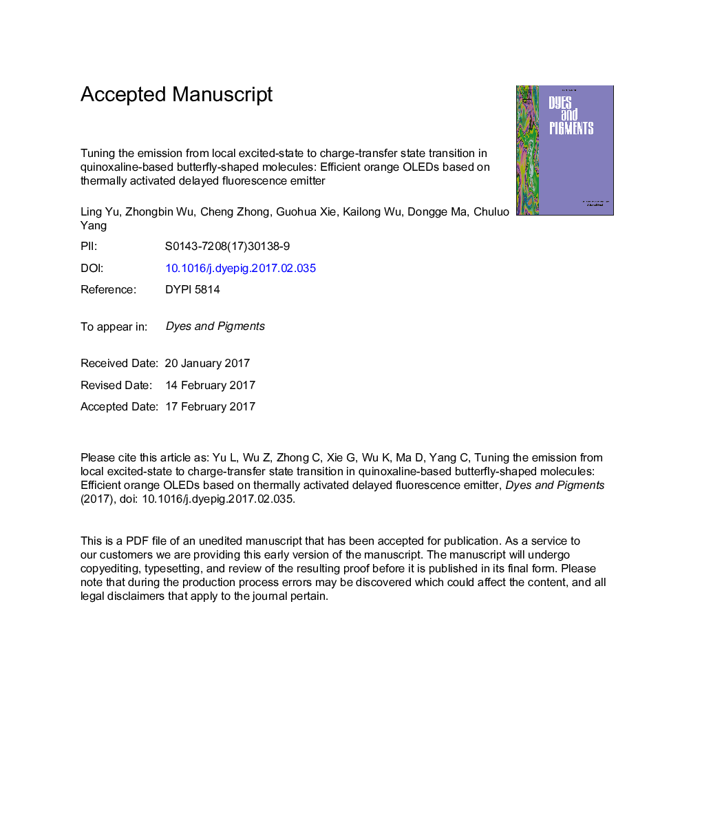 عکس صفحه اول مقاله: Tuning the emission from local excited-state to charge-transfer state transition in quinoxaline-based butterfly-shaped molecules: Efficient orange OLEDs based on thermally activated delayed fluorescence emitter Tuning the emission from local excited-state to charge-transfer state transition in quinoxaline-based butterfly-shaped molecules: Efficient orange OLEDs based on thermally activated delayed fluorescence emitter