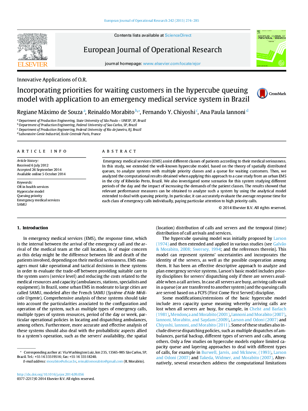 Incorporating priorities for waiting customers in the hypercube queuing model with application to an emergency medical service system in Brazil