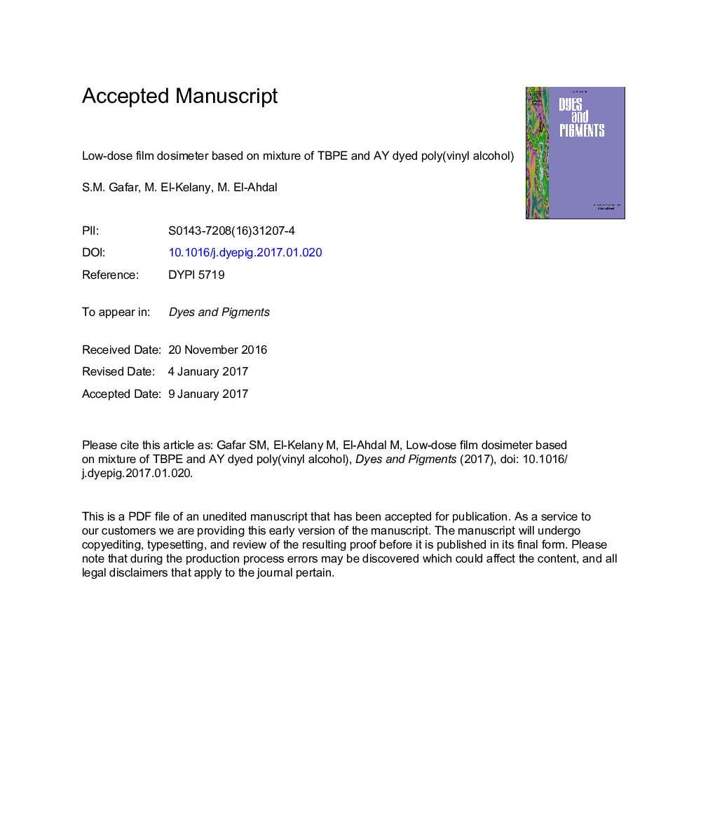 Low-dose film dosimeter based on mixture of AY and TBPE dyed poly(vinyl alcohol)