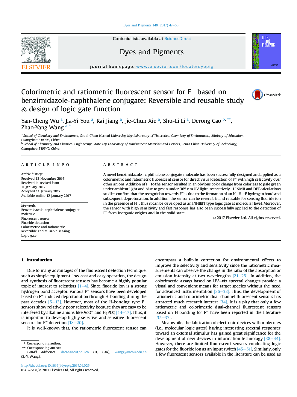 Colorimetric and ratiometric fluorescent sensor for Fâ based on benzimidazole-naphthalene conjugate: Reversible and reusable study & design of logic gate function