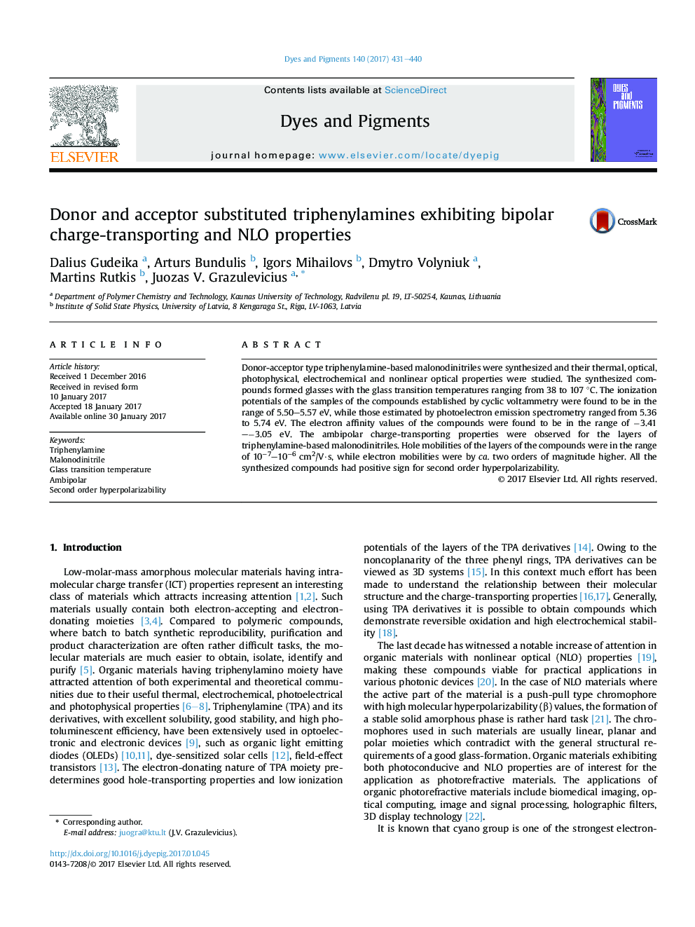 Donor and acceptor substituted triphenylamines exhibiting bipolar charge-transporting and NLO properties