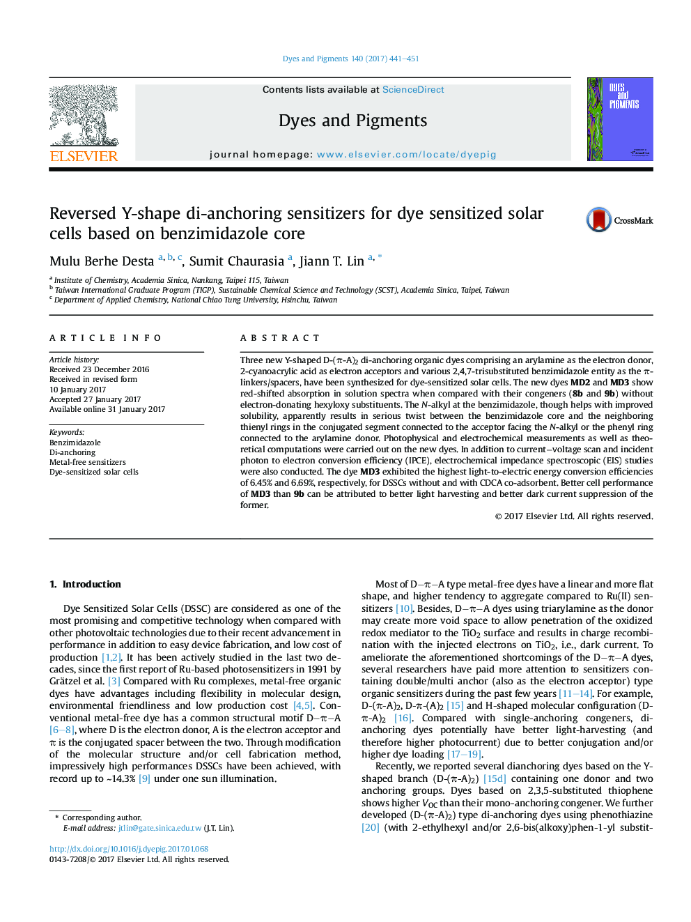 Reversed Y-shape di-anchoring sensitizers for dye sensitized solar cells based on benzimidazole core